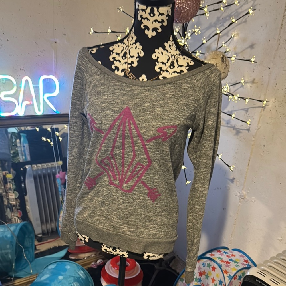 Volcom Gray Crew Neck Sweater with Pink Design